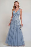 Robe longue de la mère de la mariée en tulle à col en V gris-bleu bleu