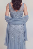Robe longue de la mère de la mariée en tulle à col en V gris-bleu bleu