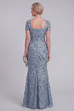 Gris, bleu, dentelle florale, sirène à paillettes longue robe de la mère de la mariée avec manches