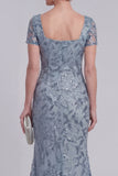 Gris, bleu, dentelle florale, sirène à paillettes longue robe de la mère de la mariée avec manches