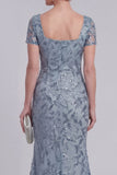 Gris, bleu, dentelle florale, sirène à paillettes longue robe de la mère de la mariée avec manches