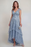 Gris-bleu en dentelle florale Ligne A Sequins robe longue à étages de la mère de la mariée avec manches