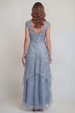 Gris-bleu en dentelle florale Ligne A Sequins robe longue à étages de la mère de la mariée avec manches