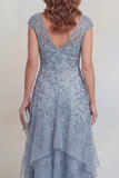 Gris-bleu en dentelle florale Ligne A Sequins robe longue à étages de la mère de la mariée avec manches