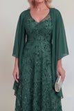 Dentelle bleu marine Fleuri Ligne A Sequins Longue robe mère de la mariée avec veste