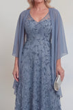 Dentelle bleu marine Fleuri Ligne A Sequins Longue robe mère de la mariée avec veste