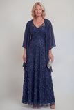 Dentelle bleu marine Fleuri Ligne A Sequins Longue robe mère de la mariée avec veste