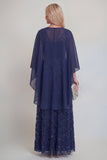Dentelle bleu marine Fleuri Ligne A Sequins Longue robe mère de la mariée avec veste