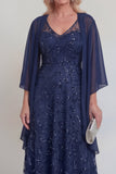 Dentelle bleu marine Fleuri Ligne A Sequins Longue robe mère de la mariée avec veste