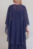 Dentelle bleu marine Fleuri Ligne A Sequins Longue robe mère de la mariée avec veste