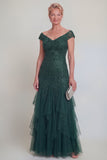 Robe longue de la mère de la mariée en tulle vert foncé à volants à volants et manches