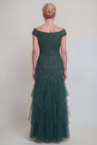 Robe longue de la mère de la mariée en tulle vert foncé à volants à volants et manches