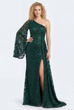 Robe de mère de la mariée en dentelle vert foncé en dentelle vert foncé avec une épaule et manches