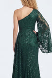 Robe de mère de la mariée en dentelle vert foncé en dentelle vert foncé avec une épaule et manches