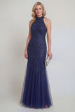 Tulle marine Sequins floraux Halter Longue robe de la mère de la mariée Sirène