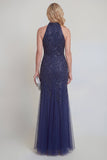 Tulle marine Sequins floraux Halter Longue robe de la mère de la mariée Sirène