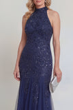 Tulle marine Sequins floraux Halter Longue robe de la mère de la mariée Sirène