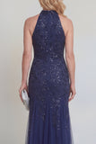 Tulle marine Sequins floraux Halter Longue robe de la mère de la mariée Sirène