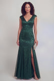 Robe longue sirène à col en V à col en V vert sauge avec fente
