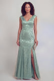 Robe longue sirène à col en V à col en V vert sauge avec fente