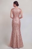 Robe longue de la mère de la mariée en mer à col fleuri vert foncé et fente