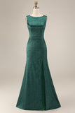 Robe longue de la mère de la mariée en mer à col fleuri vert foncé et fente