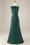 Robe longue de la mère de la mariée en mer à col fleuri vert foncé et fente