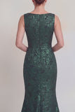 Robe longue de la mère de la mariée en mer à col fleuri vert foncé et fente