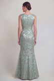 Robe longue de la mère de la mariée en mer à col fleuri vert foncé et fente