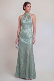 Robe longue de la mère de la mariée en sirène à dos nus fleur vert sauge avec fente