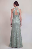 Robe longue de la mère de la mariée en sirène à dos nus fleur vert sauge avec fente