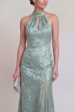 Robe longue de la mère de la mariée en sirène à dos nus fleur vert sauge avec fente