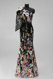 Robe longue d’invité de mariée en broderie florale noire asymétrique à une épaule