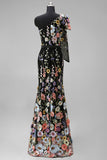 Robe longue d’invité de mariée en broderie florale noire asymétrique à une épaule