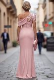 Robe de mère de la mariée bleu pâle à épaule unique et froncée longue avec des fleurs 3D