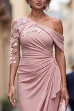 Robe de mère de la mariée bleu pâle à épaule unique et froncée longue avec des fleurs 3D