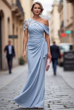Robe de mère de la mariée bleu pâle à épaule unique et froncée longue avec des fleurs 3D