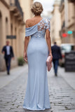 Robe de mère de la mariée bleu pâle à épaule unique et froncée longue avec des fleurs 3D