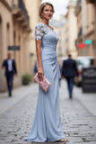 Robe de mère de la mariée bleu pâle à épaule unique et froncée longue avec des fleurs 3D