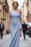 Robe de mère de la mariée bleu pâle à épaule unique et froncée longue avec des fleurs 3D