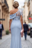 Robe de mère de la mariée bleu pâle à épaule unique et froncée longue avec des fleurs 3D