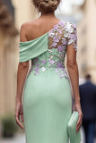 Robe longue de la mère de la mariée à fourreau vert à une épaule appliquée