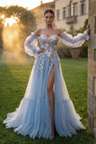 Robe de bal de bal en tulle bleu clair Sweetheart A-Line fleur appliquée avec fente