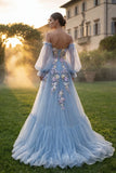 Robe de bal de bal en tulle bleu clair Sweetheart A-Line fleur appliquée avec fente