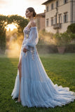 Robe de bal de bal en tulle bleu clair Sweetheart A-Line fleur appliquée avec fente
