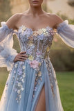 Robe de bal de bal en tulle bleu clair Sweetheart A-Line fleur appliquée avec fente