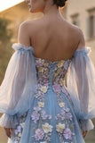 Robe de bal de bal en tulle bleu clair Sweetheart A-Line fleur appliquée avec fente