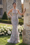 Robe de bal longue à col nu en tulle en tulle d’argent, sirène à col nu avec une fleur 3D