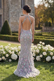 Robe de bal longue à col nu en tulle en tulle d’argent, sirène à col nu avec une fleur 3D