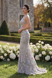 Robe de bal longue à col nu en tulle en tulle d’argent, sirène à col nu avec une fleur 3D